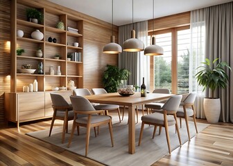 Warm and inviting dining room with natural wood and abundant natural light