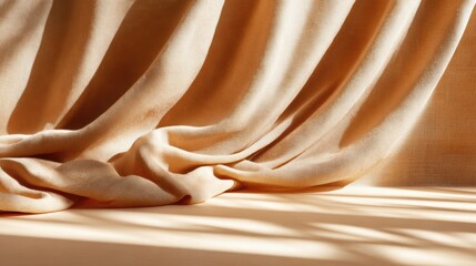 Delicate golden drapes gracefully cascade, capturing soft light and creating gentle shadows that enhance the warmth and elegance of the surrounding environment.
