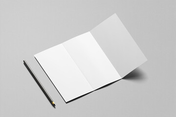 Trifold brochure mockup isolated on soft gray background. 3D illustrating.