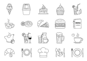 Vector illustration of restaurant and cafe food and drinks, including burgers, pizza, coffee, beer, and dining essentials