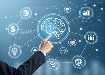 Businessman interacts with a glowing digital network of artificial intelligence and business icons