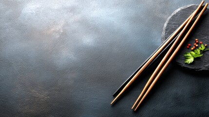 Elegantly placed chopsticks on a textured slate surface, accompanied by fresh green herbs, creating an inviting scene perfect for food enthusiasts and culinary presentations.