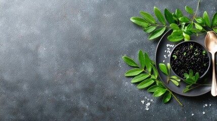 A refined presentation featuring a bowl of caviar surrounded by vibrant green leaves, exuding luxury and sophistication, ideal for gourmet food showcases and elegant dining experiences.