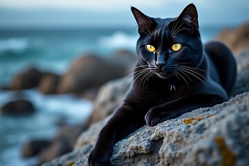  a black cat with striking yellow eyes rests on rocks by the ocean at dusk, with waves in the background