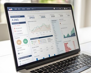 Laptop displaying a complex financial analytics dashboard with charts and graphs