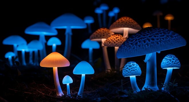 Enchanting bioluminescent mushrooms glow in the dark forest
