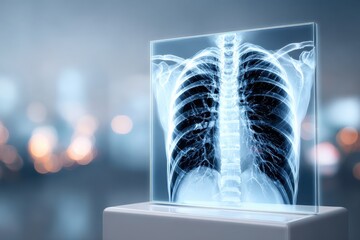 Futuristic medical X-ray of human chest displayed on a transparent screen.