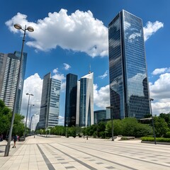 Obraz premium Modern skyscrapers reflecting blue sky and clouds on a sunny day
