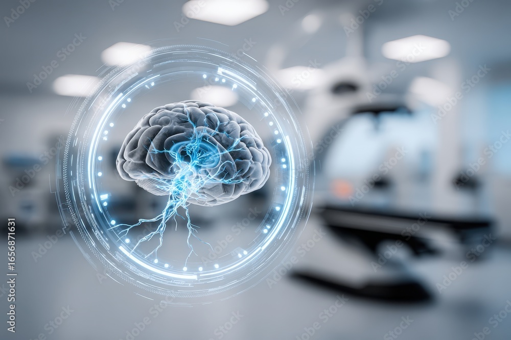 Poster advanced brain scan displaying neural activity and digital connectivity.