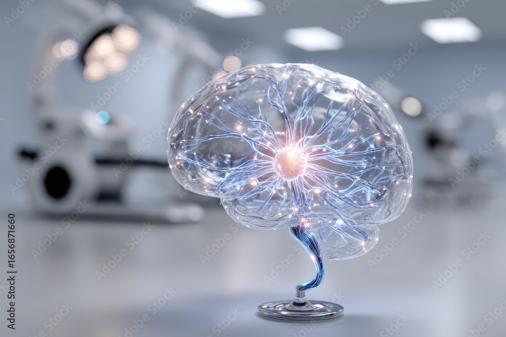 Poster digital representation of a human brain with active neurons in a lab.