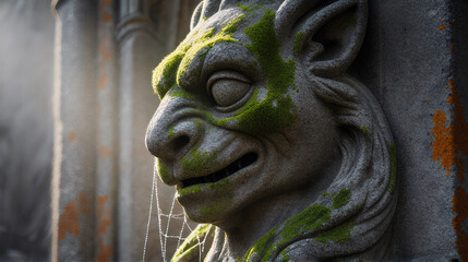 Stone gargoyle with moss and orange lichen