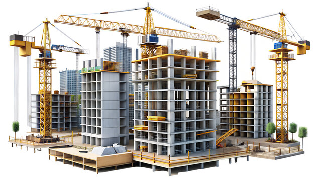 Construction site with cranes and buildings under construction isolated on transparent background, representing urban development