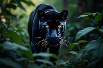  a powerful black panther with glowing yellow eyes stalks through a lush, green jungle