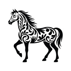 Obraz premium Horse with foal silhouette showing mother standing beside young foal, isolated vector illustration in black and white