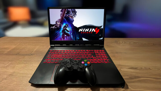 lins, sao paulo, brazil august 19 2025 - ninja gaiden opening screen logo on a laptop screen, gaming laptop ready to play. announcement