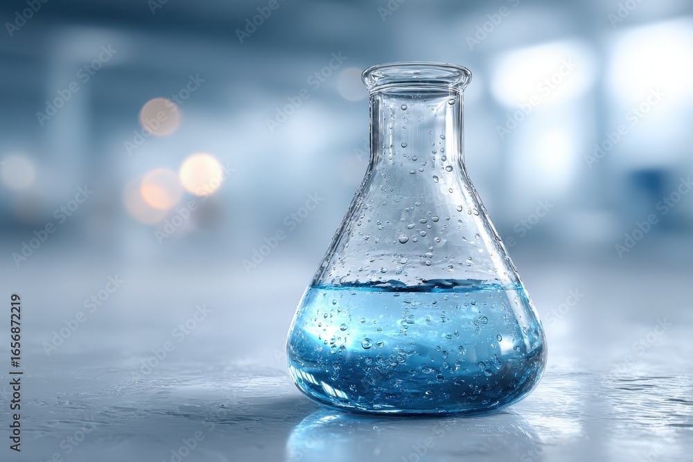 Poster a clean erlenmeyer flask containing blue liquid with condensation in a lab setting.