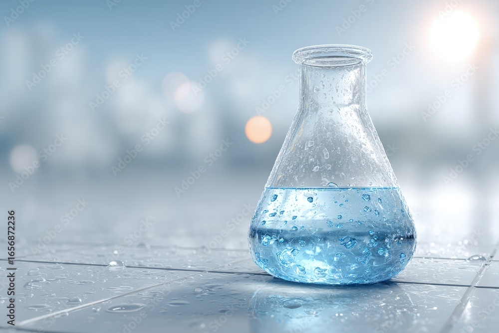 Poster flask with blue liquid and water droplets on a wet tiled lab surface.