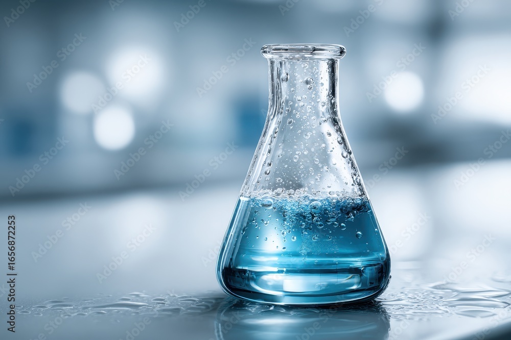 Poster close-up of a clear erlenmeyer flask with blue liquid and bubbles.