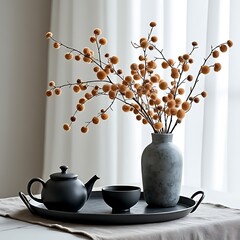  a tea set with a teapot, cup, and bowl on a tray with a vase of orange berries