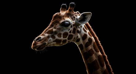 Obraz premium Giraffe Head Portrait with Dark Background Showing Detailed Features and Pattern
