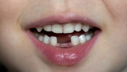 Fototapeta premium A close-up reveals a child's mouth with missing front tooth, showcasing the transition in dental development. Concept of: Childhood tooth loss.