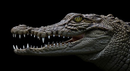 Close-up of Crocodile Head with Sharp Teeth and Textured Skin on Black Background