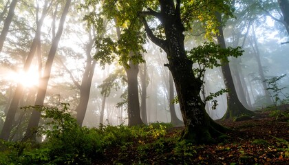 Sunlight piercing a misty forest, illuminating tall trees and lush undergrowth, creating a serene and tranquil atmosphere.