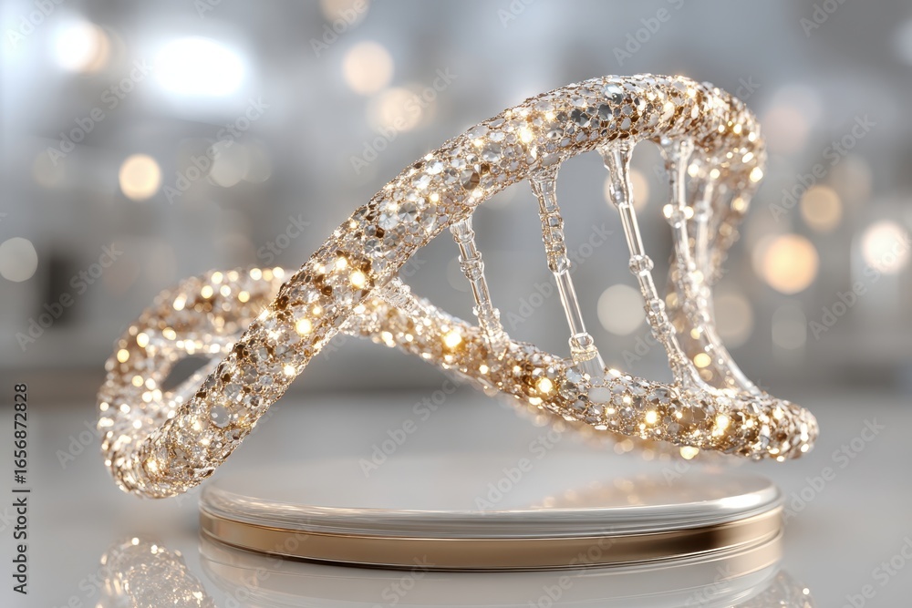 Poster luxurious sparkling dna helix structure on a podium, symbolizing advanced science.