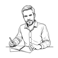 Portrait of a writer, a man writing in a notebook while sitting at a table in a casual setting