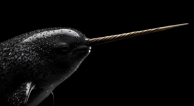 Unicorn Narwhal with Dark Body and Twisted Gold Horn Isolated on Black Background