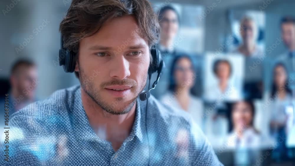 Poster medium shot focusing on a man wearing headphones actively engaging in a live conversation in a langu