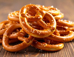Pile of pretzel snacks on a wooden table