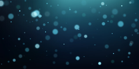 Blue bokeh background. Abstract blurred lights with glowing floating particles on dark navy gradient. Underwater atmosphere, dreamy light effect, marine depth. Vector illustration. © Mariquita vector