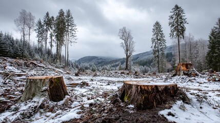 A stark winter landscape features numerous tree stumps in a cleared forest area. Snow covers the ground, while dense, tall trees rise in the background under a blanket of gray clouds.