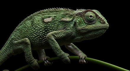 Fototapeta premium Green Chameleon Sitting on a Branch in Close Up with Dark Background