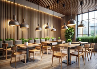 Modern restaurant interior design with warm lighting and natural wood accents