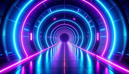 A futuristic tunnel illuminated by vibrant neon circles of blue and pink light creates a captivating, otherworldly passage.