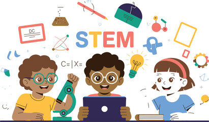 Diverse children learning STEM subjects with enthusiasm