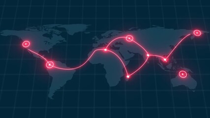 Glowing Red Path of Flagged Transactions on World Map Illustrating Suspicious Financial Activity