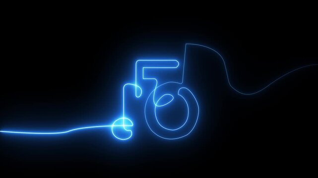 Disabled person symbol with wheelchair icon shown in bright neon style on dark reddish background, detailed glowing accessibility sign illustration, disability concept