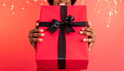 A person holds a large red gift box with a black ribbon and bow, against a vibrant red background.