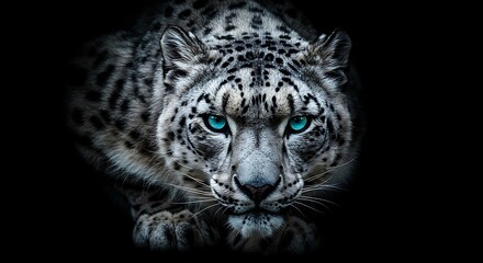 Naklejka premium Snow Leopard with Bright Blue Eyes Lying on Black Background