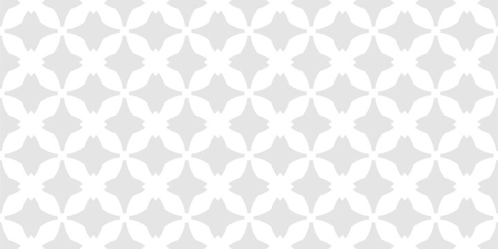 Geometric seamless pattern with gray star shapes and circles. Simple abstract monochrome texture with cross motifs, grid, lattice. Elegant minimal background. Repeated design for decor, textile, print