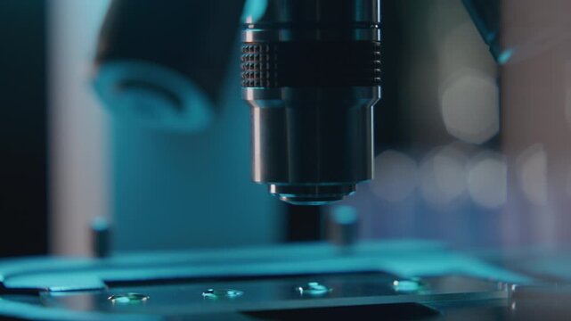 Extreme close up view of examining glass slide with sample under microscope objective lens in scientific laboratory illuminated by blue light with bokeh in background