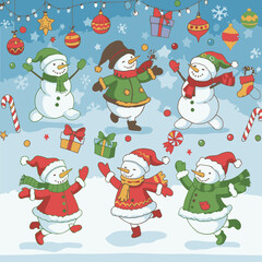 Cute cartoon snowmen in holiday attire playing in a winter wonderland. Festive snowmen in various outfits, joyfully interacting with Christmas decorations and presents.