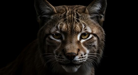 Close-up of a Wild Cat with Intense Yellow Eyes and Fur in Dark Lighting