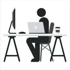 Fototapeta premium Simple Minimalist Person Working at Desk with Laptop and Coffee