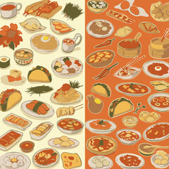 Asian and Latin American food illustrations in a diverse variety of dishes displayed on plates and in containers.
