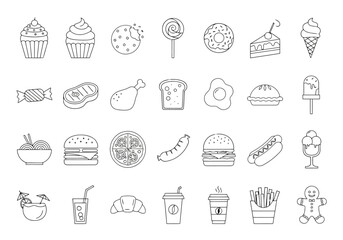 Vector illustration of assortment of sweet and savory food items in a simple line drawing style, isolated on a