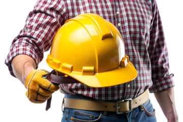 Closeup of a construction worker holding a yellow hard hat and wearing protective gloves isolated on transparent background